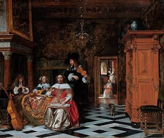 Posterazzi PDX50641SMALL Porträtt av en familj som spelar musik Pieter de Hooch affischtryck, 24 x 18, flerfärgad