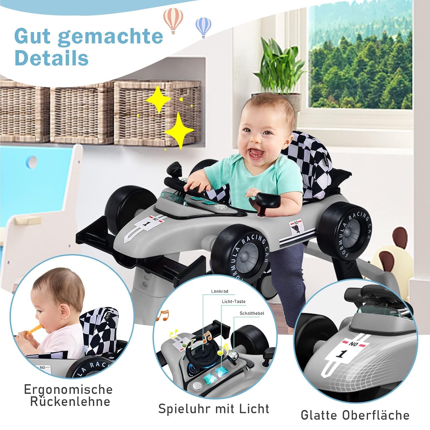 FANTASK Chodzik 4 w 1 z regulowaną wysokością i prędkością, Baby Walker z muzyką, światłem i kółkami, bez chodzenia dla dzieci od 6 miesięcy, obciążenie 12 kg (kolor szary)