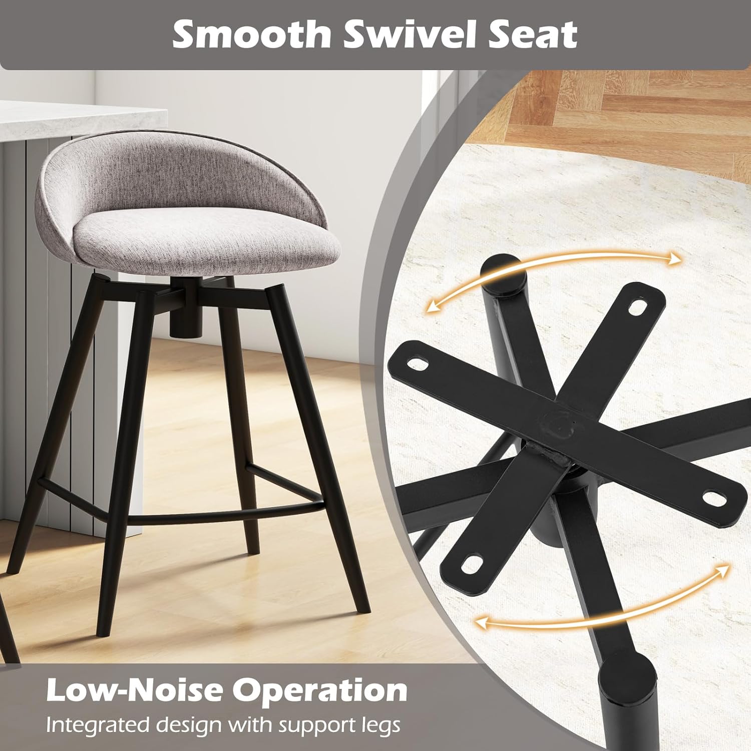 Giantex Swivel Bar Stools Set of 2, 25" Counter Height Bar Chairs with Footrest, Low Backs & Metal Frame, Upholstered Line Fabric Barstools for Kitchen Island, Cafe & Pub, Grey