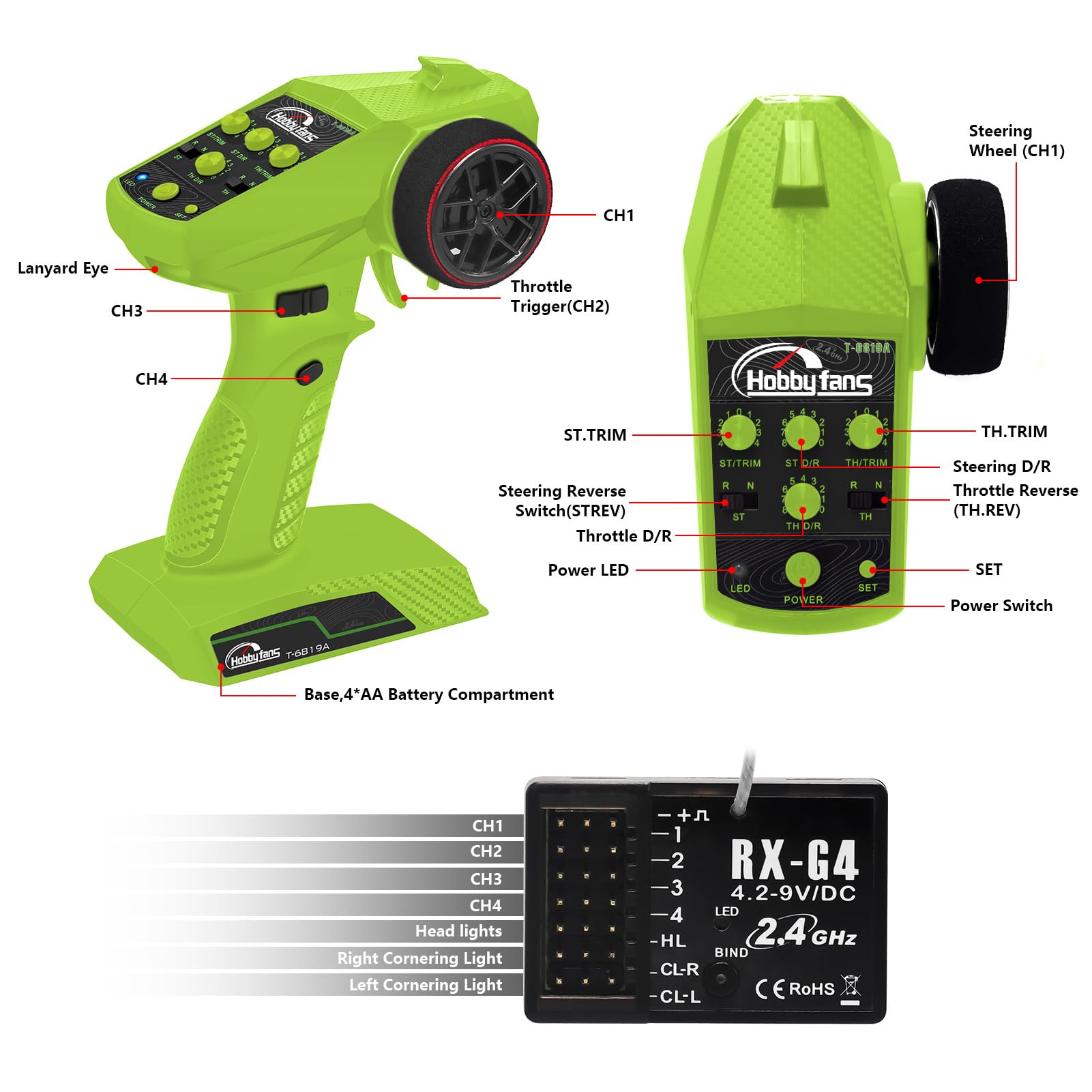 Sistema de radio RC 4CH 2.4G Transmisor RC con receptor y cordón, control remoto antiatascos para coche RC Crawler Boat, verde y negro
