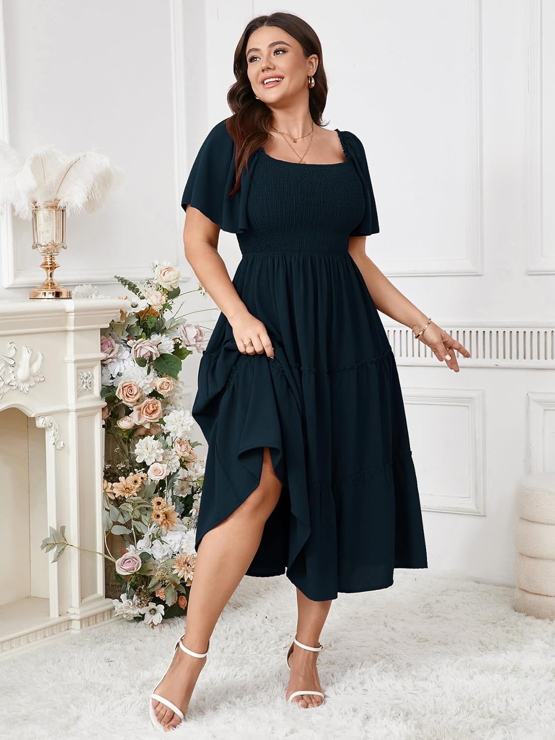 SCOMCHIC Women's Plus Size Dresses Short Sleeve Square Neck Smocked Flowy A-Line Boho Wedding Guest Cocktail Maxi Dress - Image 7