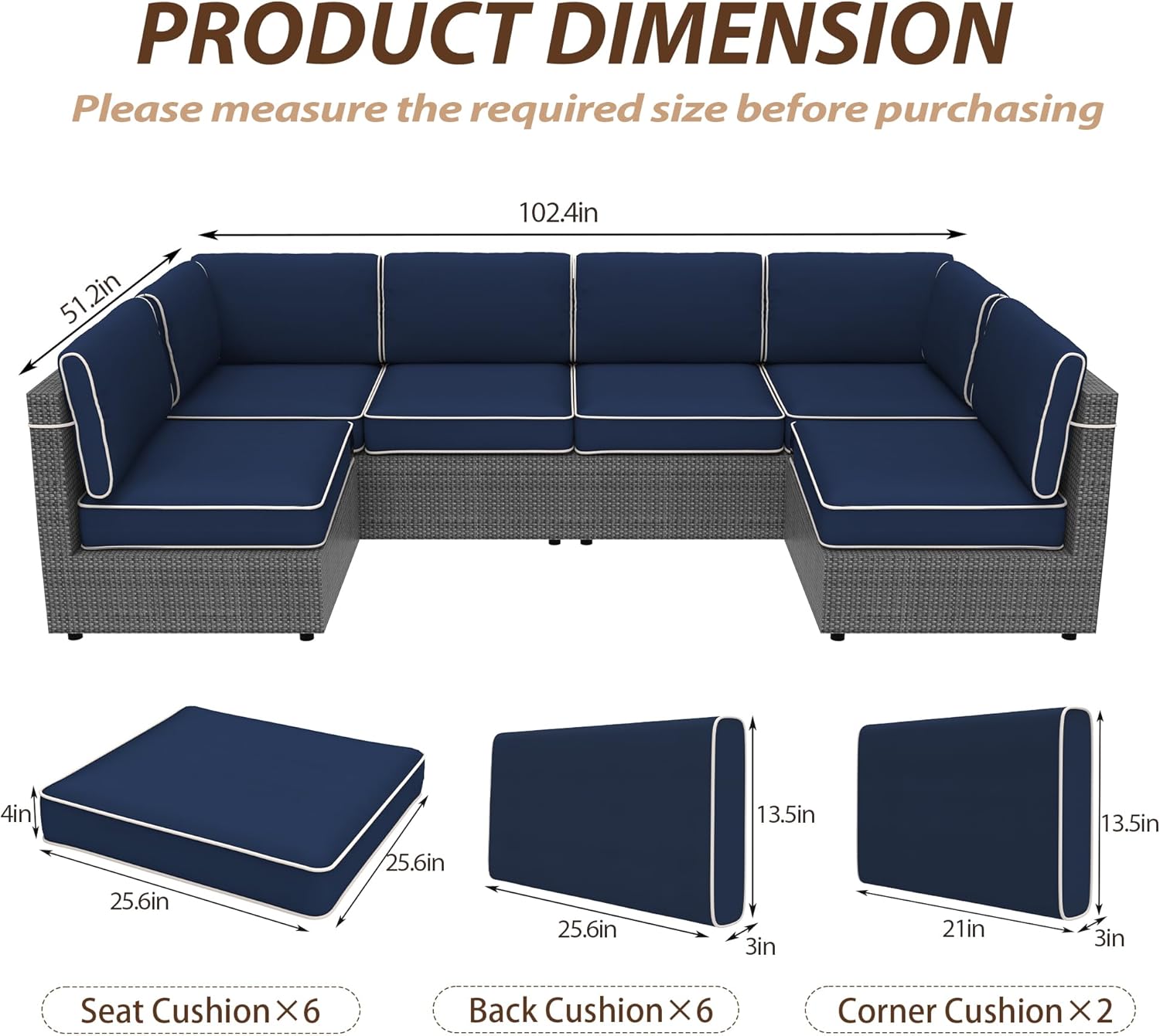 14Piece Outdoor Furniture Replacement Cushions, 4" Thick Patio Corner Couch Cushions, Fit 7 Piece 6/7 Seater Wicker Rattan Sectional Conversation Set, Outdoor Sofa Cushion,Navy+White Piping