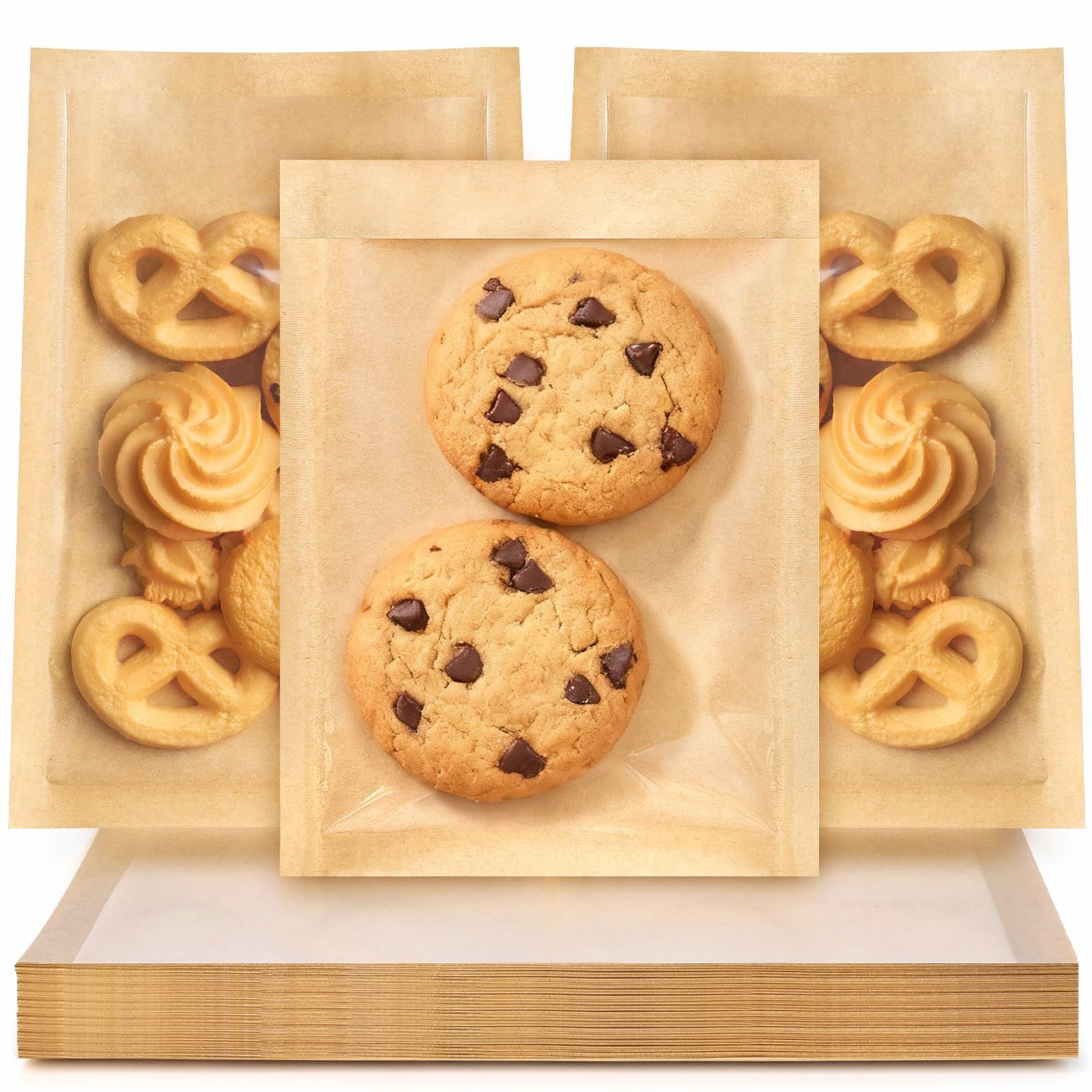Ohuimrt 100 Heat-Sealable Paper Cookie Bags with Seal, 5.1 x 7.5 Inch Small Bakery Bags with Window Clear Front Individual Pastry Bag for Brownie,