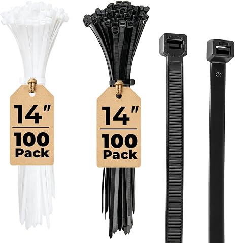 16" x 0.4" Heavy Duty Zip Ties 200 Pack 120LB Black & White