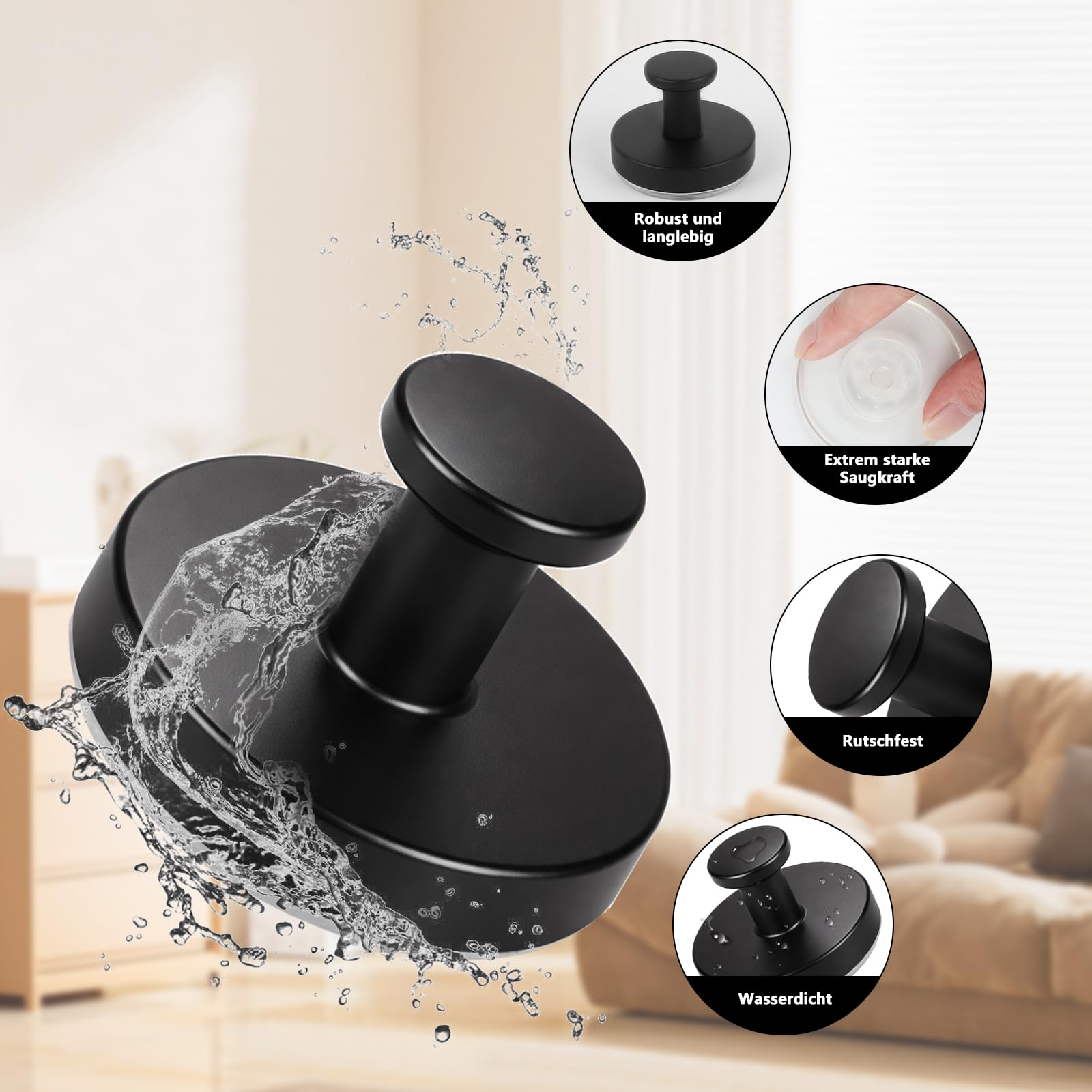 4 Pz Ganci a Ventosa Super Resistenti, Appendiabiti a Ventosa in Acciaio Inox Nero, Ventose con Gancio senza foratura, Appendi Accappatoio Bagno Cucina, Asciugamani, Cappotti