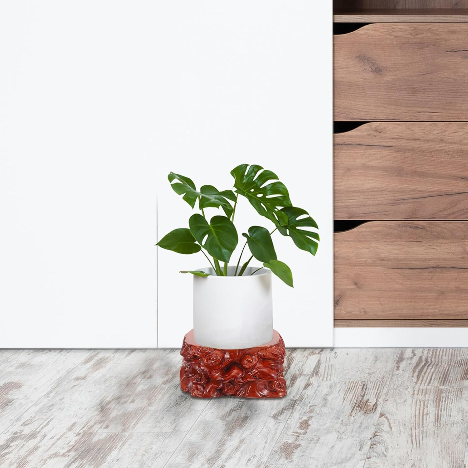 BESPORTBLE Wooden Vase Stand and Decorative Display Pedestal with Carved Stone Base, Small Size Wood Riser for Centerpieces and Crafts, Wooden Plant Pot Holder for Home Décor