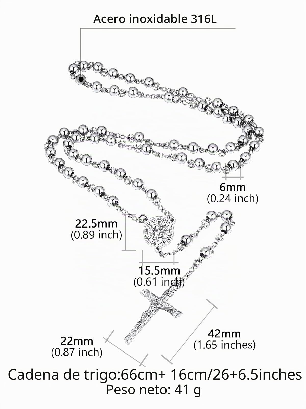 Supcare Collar Rosario Católico Hombre Mujer Collar Cristiano Acero Inoxidable 316L con Medallas Virgen María, San Cristóbal y San Miguel, Cadena Rosario para Rezo, Colgar en Coche y Uso Diario