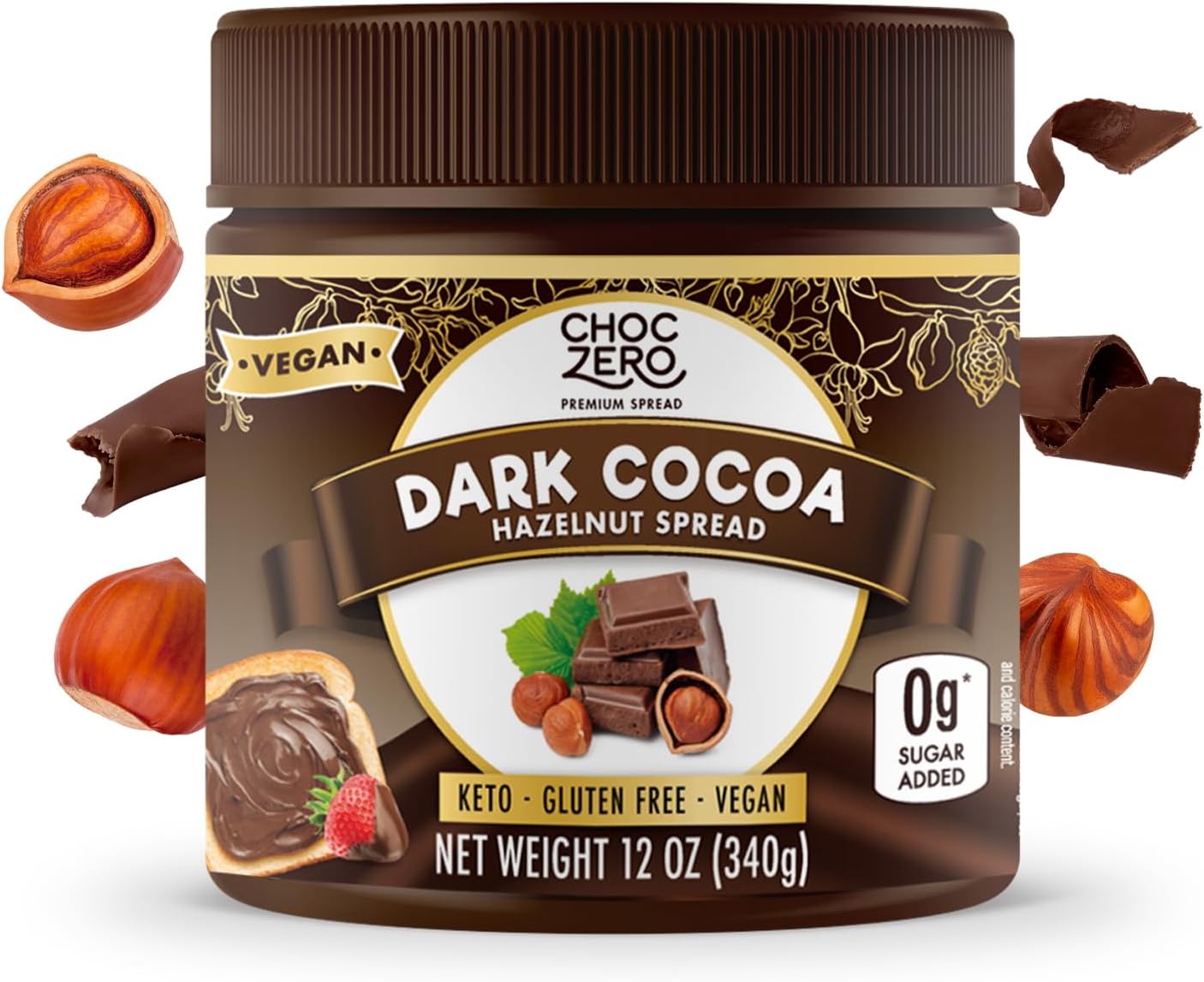 ChocZero Vegan Cocoa Hazelnut Spread by - Keto Friendly, Sugar Free Dessert and Keto Bread Topping - Low Carb Chocolate (1 jar, 12 oz)