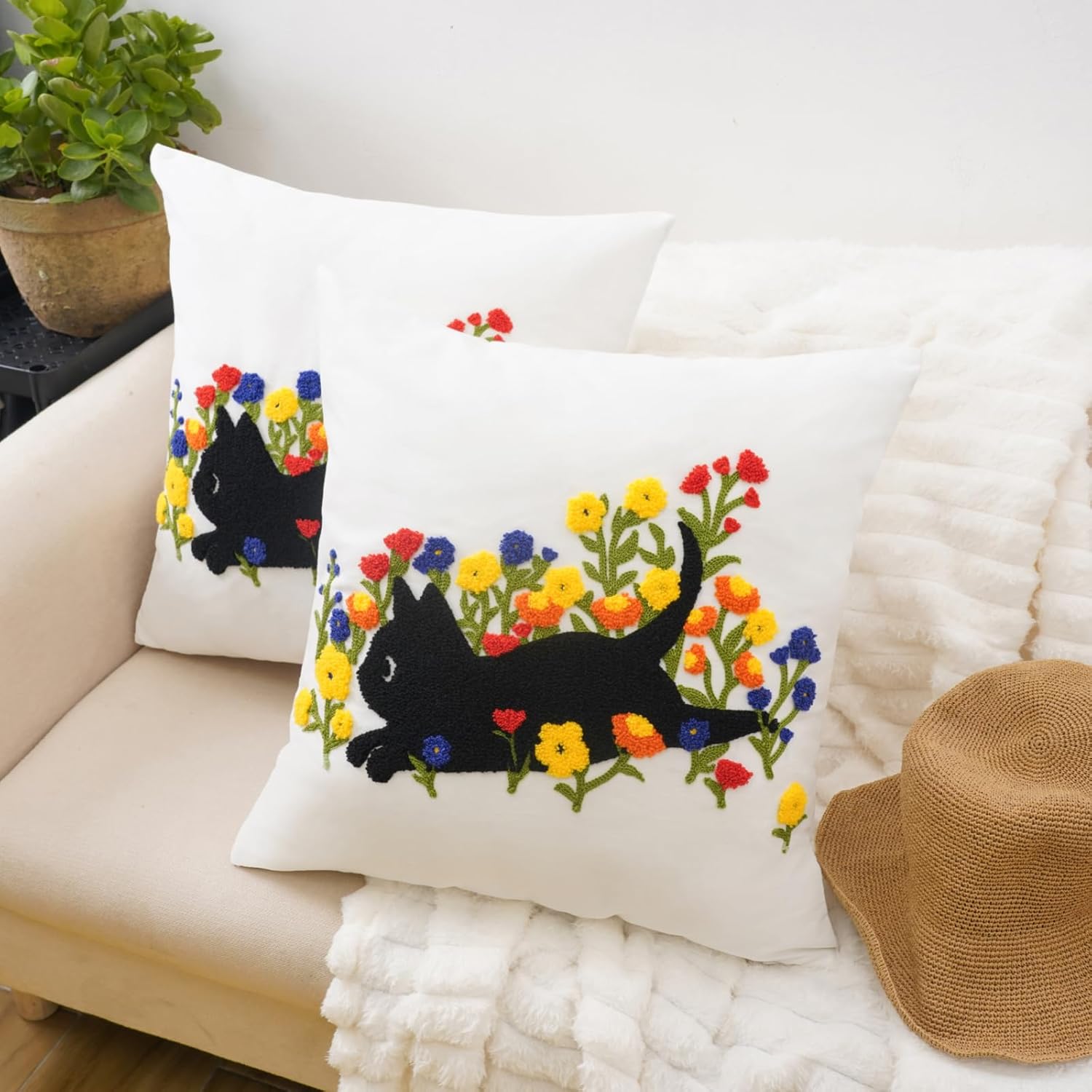 Embroidery Throw Pillow Covers 18x18-2 Pcs, Decorative Pillow Cases Soft Cushion Case Pillowcase for Chair Sofa Bedroom Living Room Home Decor, Black Cat Flower