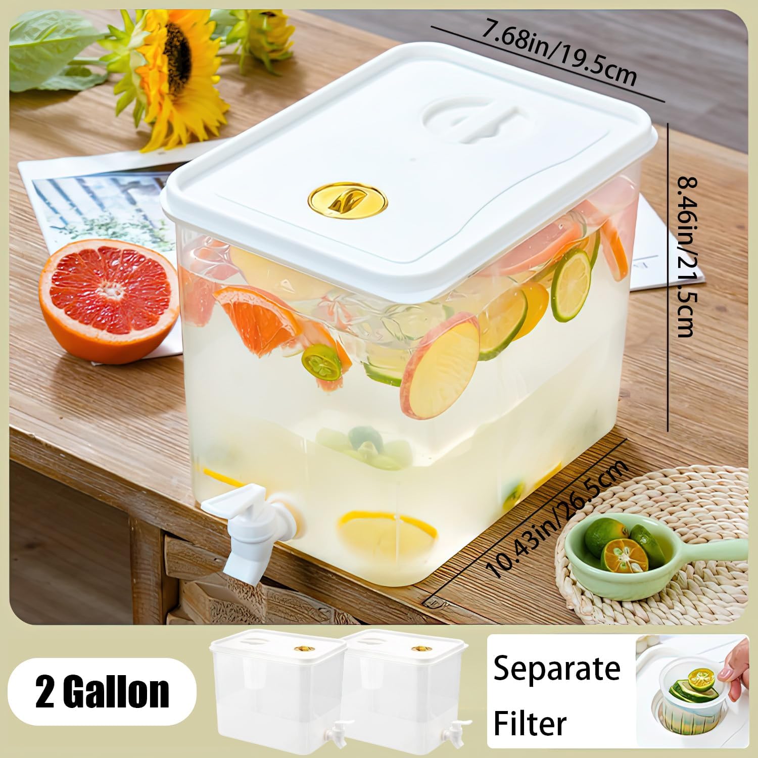 Beverage Drink Dispenser for Fridge, Plastic Beverage Dispenser with Spigot，Juice Container Sealed with Filter Screen，Cold Hot Drink Jug for Christmas Party Supplies (white 2PCS 2 Gallon)