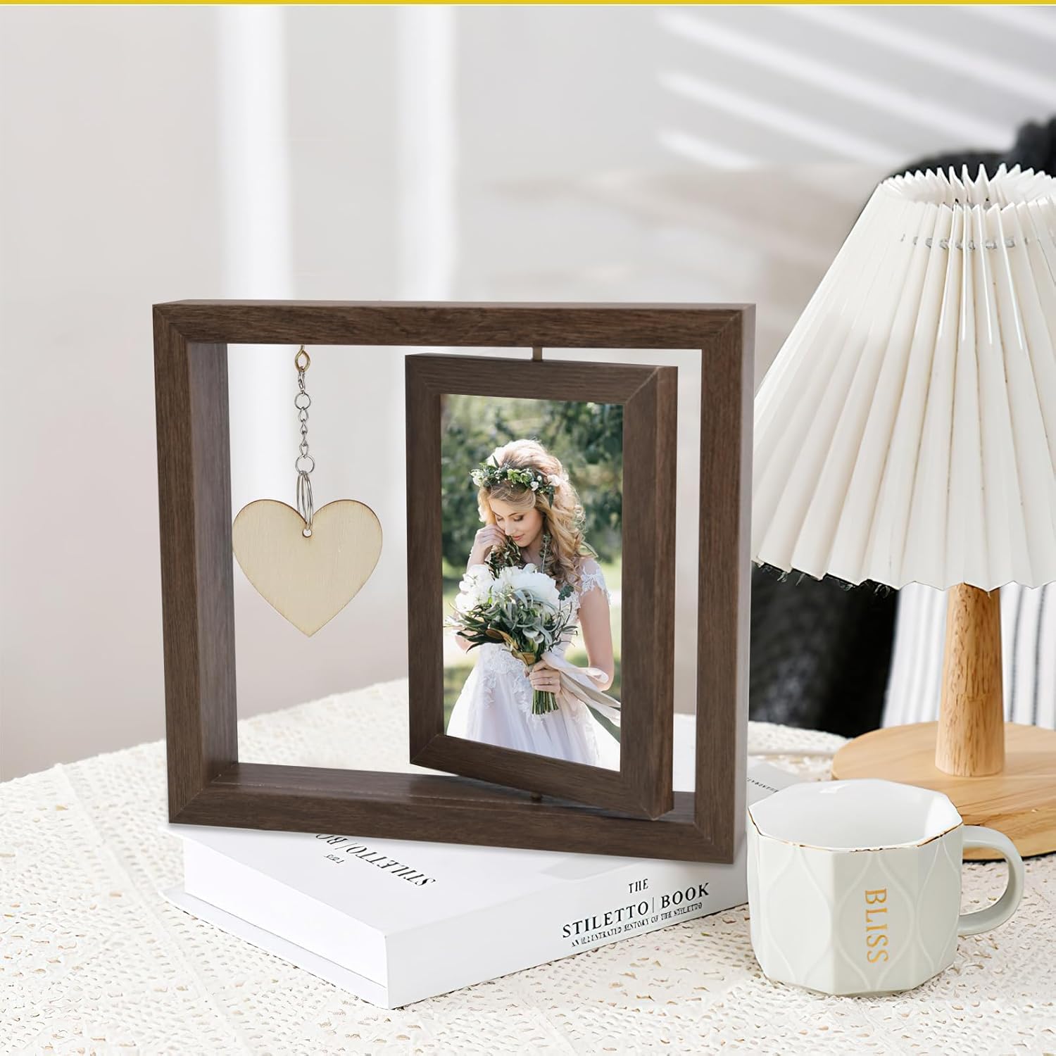 APOMOONS 10x15cm Picture Frame Wooden Personalized Double Sided Photo Frame,Wooden Rotatable Photo Frame with Heart Pendant,DIY Gift for Mom (Walnut color