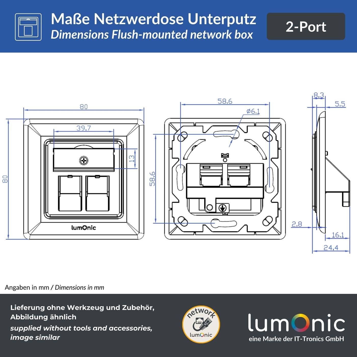 Lumonic 10er Set Keystone-Rahmen Unterputz | 2-Port | Standard 55 System | | ABS Kunststoff | für Keystone RJ45, HDMI, USB Module