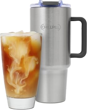 CHILLPILL GO Iced Coffee Chiller - Stainless Steel Cup Iced Coffee Maker & Espresso Chiller, Fast Cooling Cold Brew Coffee Maker, Instant Drink Chiller with Lid & Straw Black