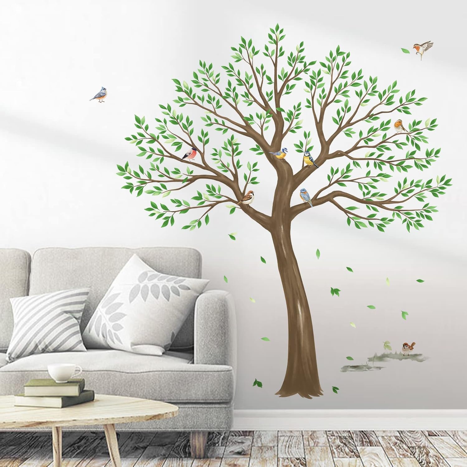 wondever Large Tree Wall Stickers Green Leaves Birds Peel and Stick Wall Decals for Living Room Bedroom TV Wall (H: 63inches)