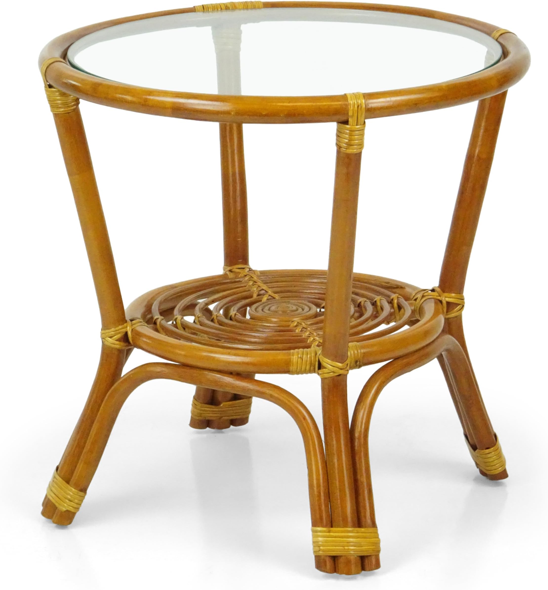 Round Coffee Table w/Glass Top Natural Rattan Wicker ECO Handmade, Cognac