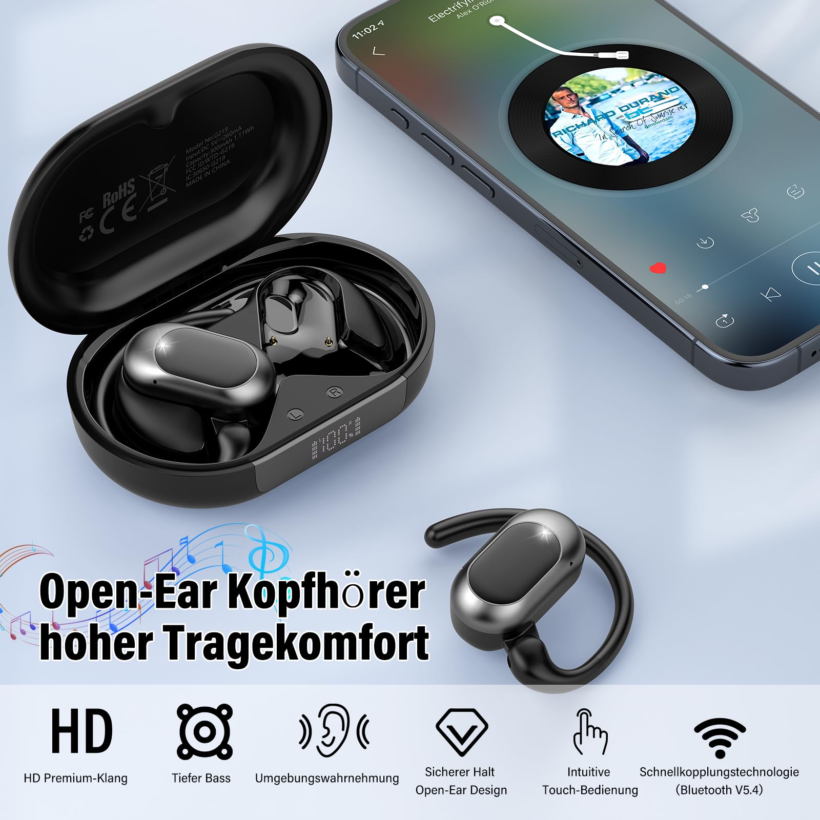 Open Ear Kopfhörer Bluetooth 5.4, 2026 Bluetooth Kopfhörer mit 14,2 mm Treiber, 36Std Ohrhörer Tiefem Bass mit 4 ENC Mic, IPX7 Wasserdicht Over-Ear Sportkopfhörer mit Ohrhaken für Laufen/Reiten/Büro