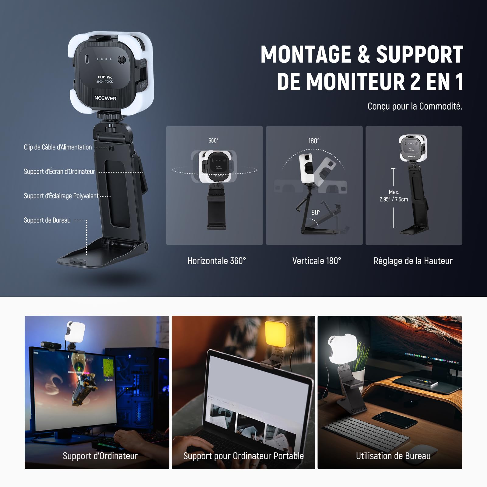 NEEWER Lumière Vidéo Conférence LED Lampe Streaming avec App Contrôle Mac/PC, Monture&Support de Moniteur 2 en 1, Éclairage de Webcam USB 2900K-7000K pour Visioconference, Réunion Zoom, PL81 Pro