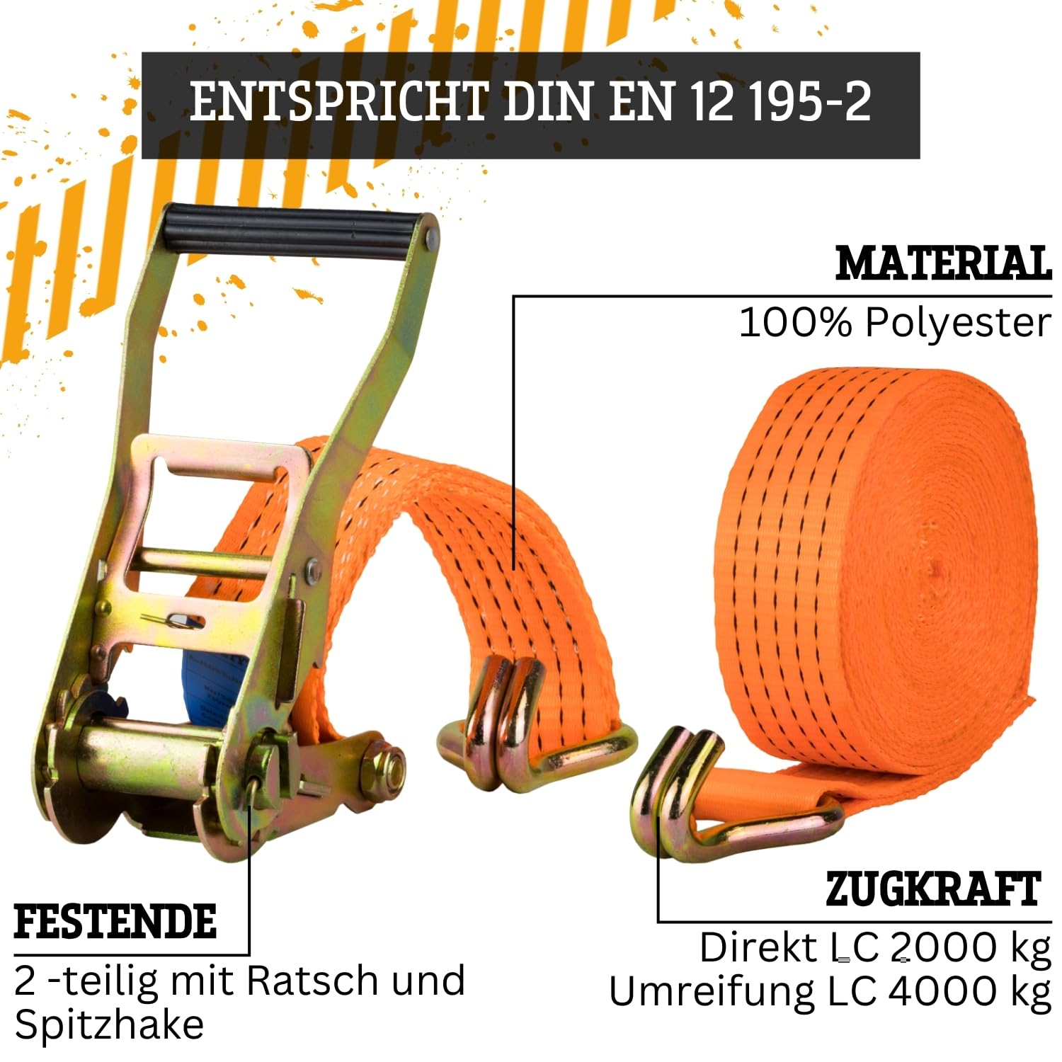 Safetytex Spanngurt 4t zweiteilig mit Ratsche & Spitzhaken – 4m lang 50mm breit – LC 2000/4000 daN – Zurrgurt zweiteilig – Profi-Ratsche – 100% Polyester (10 Stück)