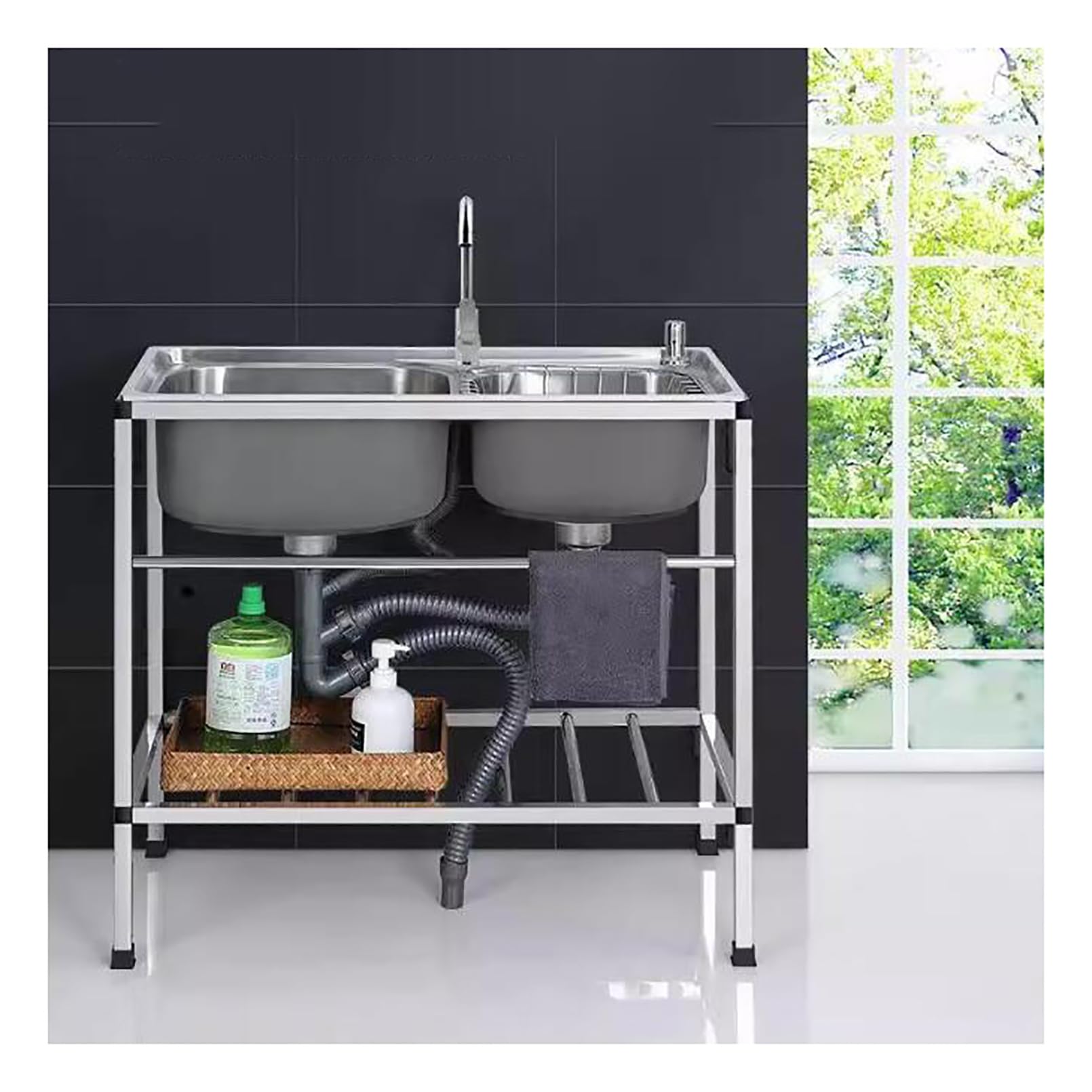 LMYSXAOZ 2 Compartment Commercial Kitchen Sink, Stainless Steel Garage Free Standing Double Bowl Utility Sink for Garage, Restaurant, Laundry Room