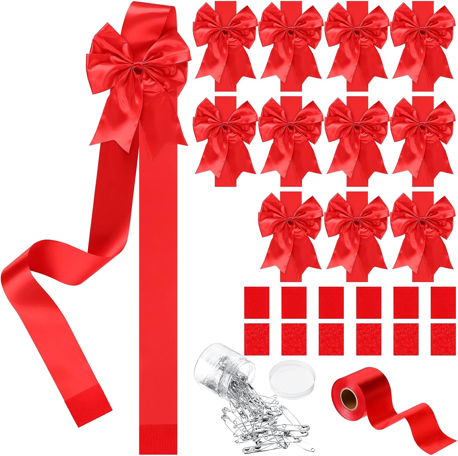12 Pieces Christmas Cabinet Ribbons Xmas Door Ribbon Cabinet Bows with Large 30m Red Ribbons for DIY Christmas Festive Party Tree Decor Dining Kitchen Supplies,Red(Polyester)