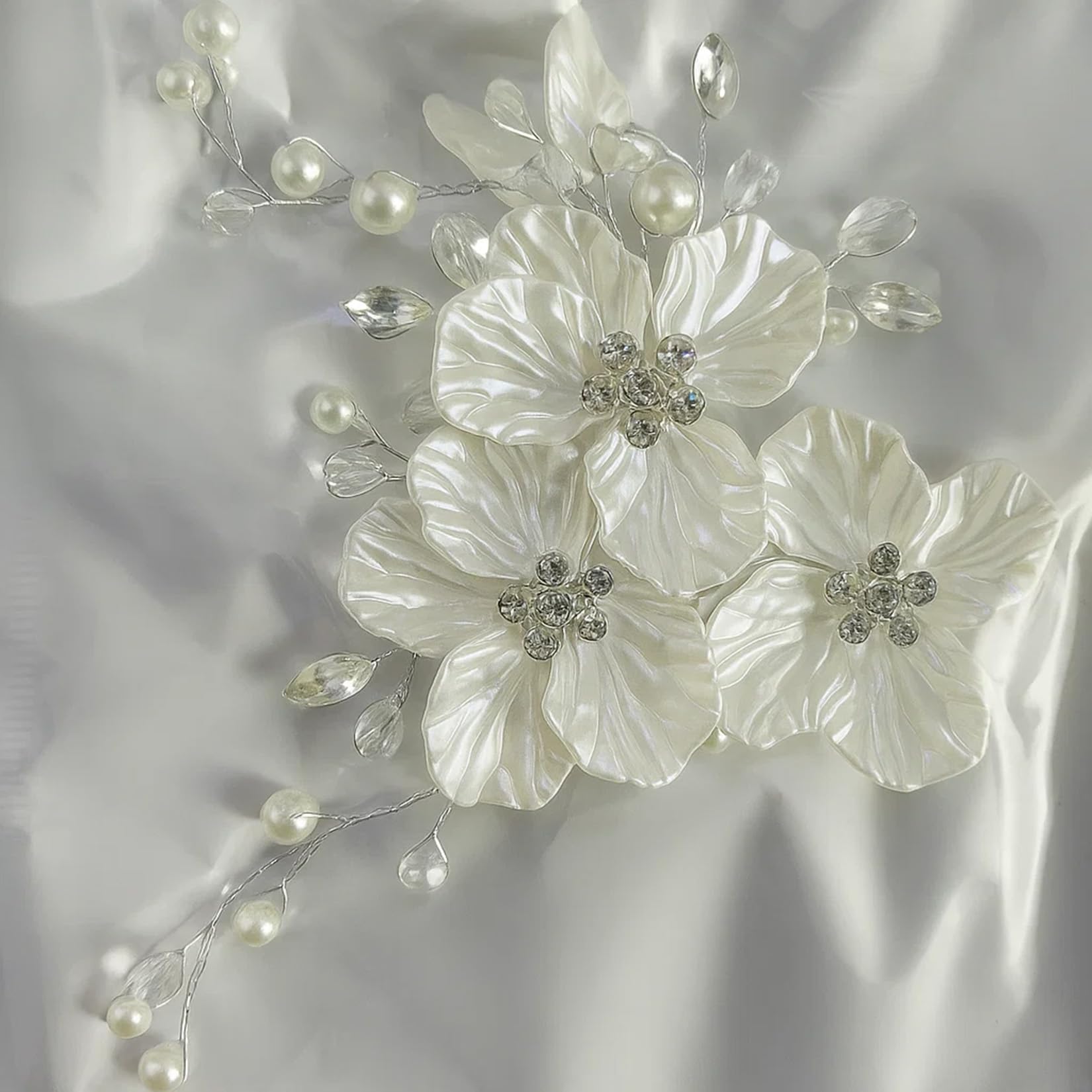 Elegant White Floral Pearl Hair Comb with Crystal Rhinestones - Image 3