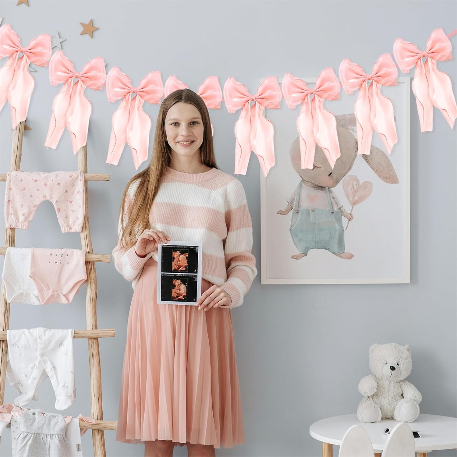 Pink Bow Garland Banner, Pre-Strung Satin Ribbon Bow Themed Party Decorations, Baby Shower Decor, Girl Birthday Banner, Photo Booth Background for Bridal Shower Bachelorette Parties (Pink) - Image 6