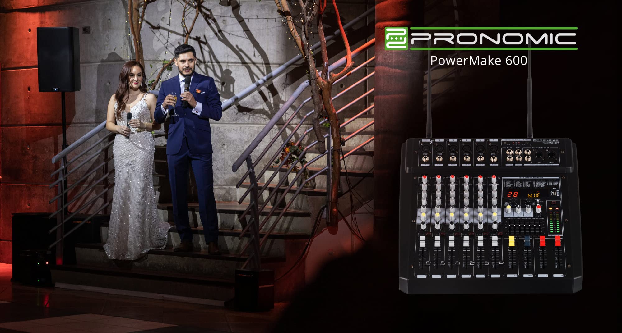 Pronomic Powermake 600 Powermischer - 6-Kanal-Mischpult - 2 UHF-Funkmikrofone - 760 Watt RMS-Leistung - 24Bit Multi-Effekt-Prozessor - Bluetooth®/USB-Player/Recorder - Grafischer Equalizer - Schwarz