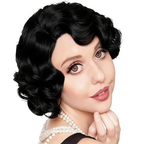 Miniatura 14 de Peluca corta rubia de encaje frontal de los años 20, cabello sintético rizado, línea capilar natural, rubio platino, pelucas de los años 40 y 50