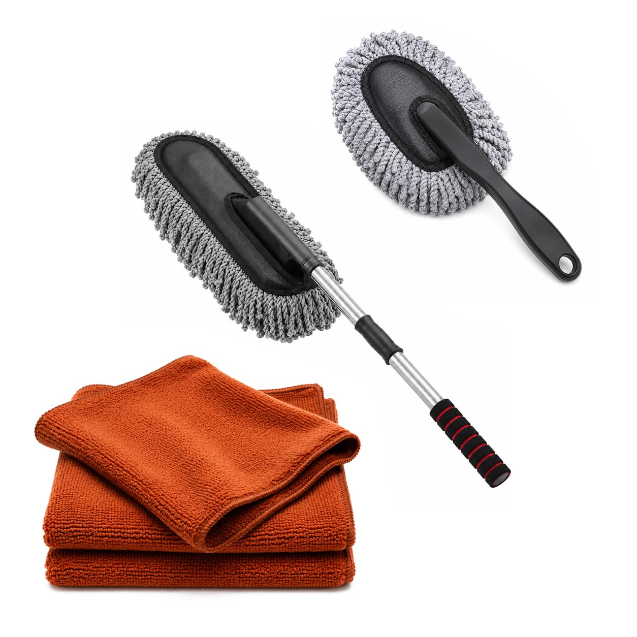 Car Cleaning Combo Set with Extendable Car Duster Brush, Small Car Duster Brush & 3 Microfiber Cleaning Cloths | Multipurpose Car Dust Cleaner for Interior & Exterior Cleaning-image-23