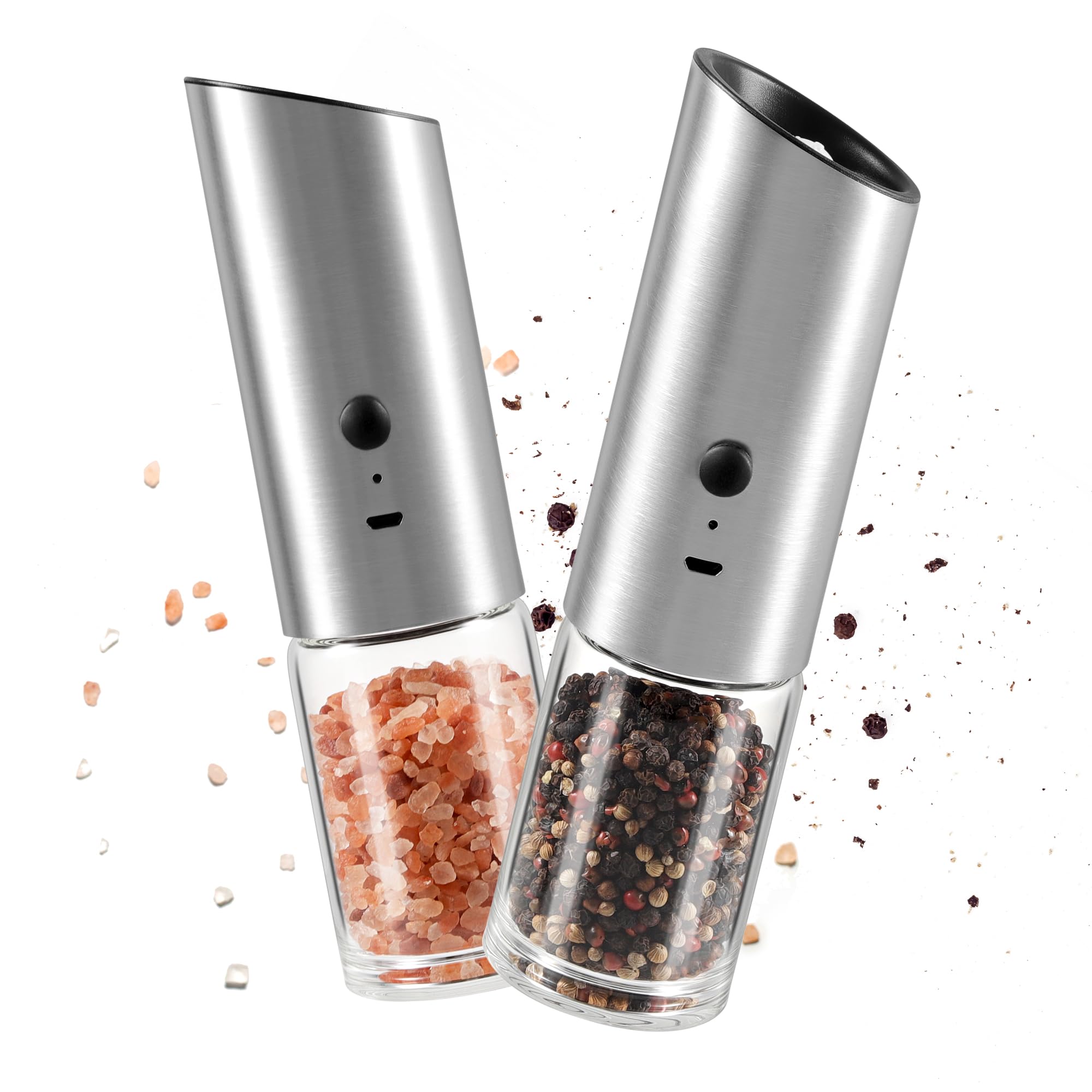 VEVOK CHEF Electric Salt and Pepper Grinder Set Rechargeable with LED Light USB Automatic Gravity Stainless Steel Pepper Mill Spice Grinder Adjustable Coarseness