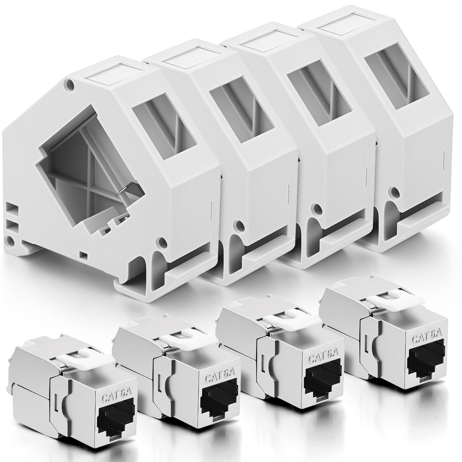 4 Modules Keystone Cat 6A + 4 Adaptateur Rail DIN Support Keystones, Adaptateur de Rail DIN Standard 35 mm pour Module Keystone Réseau Cat6a Cat6 Cat5e, Connecteur Blindé avec Support