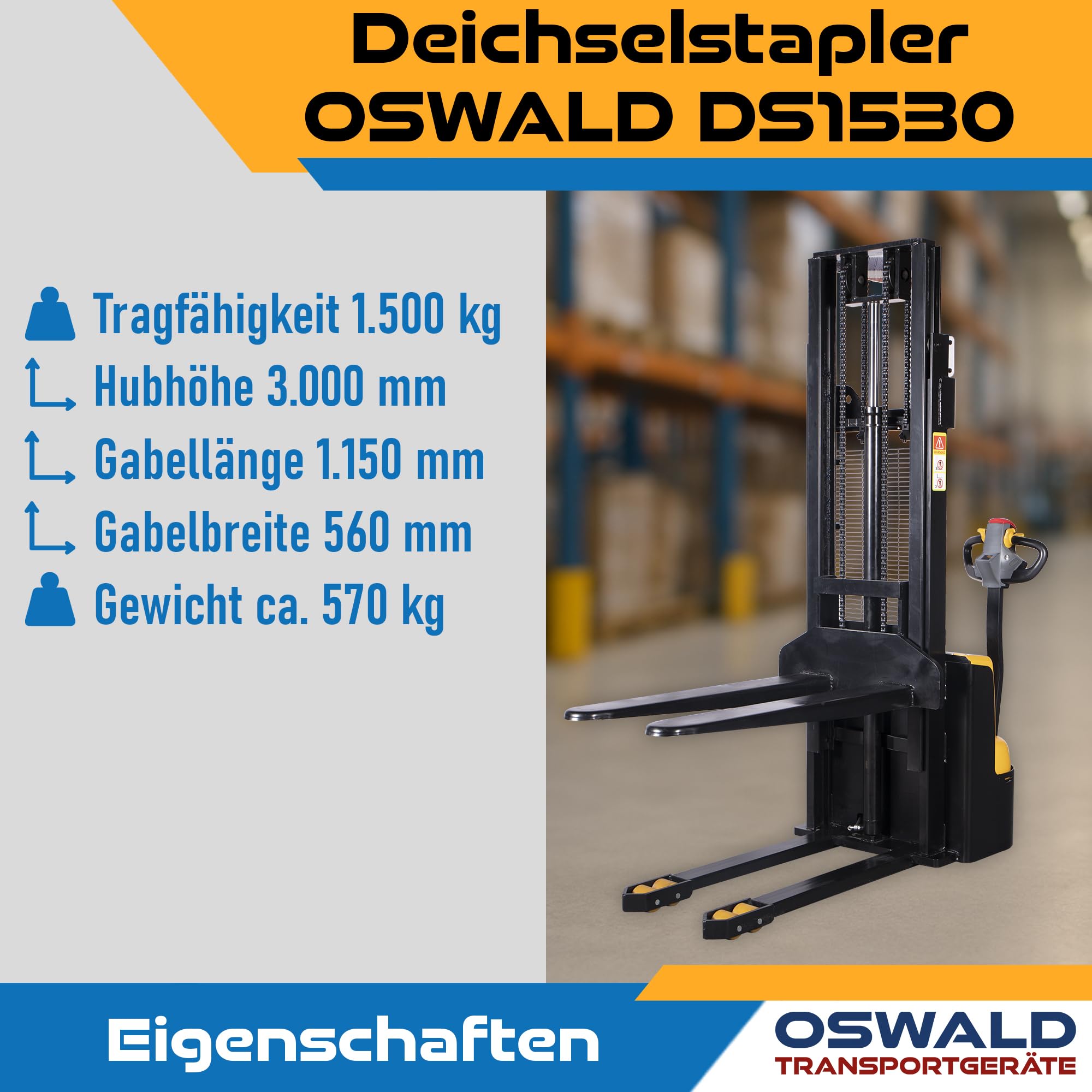 Deichselstapler DS1530 1,5 t - 3,0 m Hubhöhe - OSWALD Transportgeräte - Elektrostapler