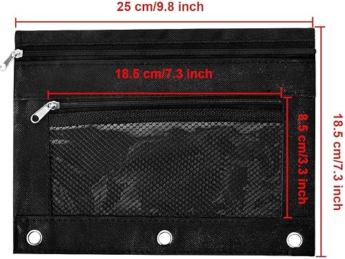 Miniatura 4 de Estuche para lápices de 3 anillos, con cremallera, doble bolsillo, 3 anillos con ventana de malla transparente (negro, paquete de 2)
