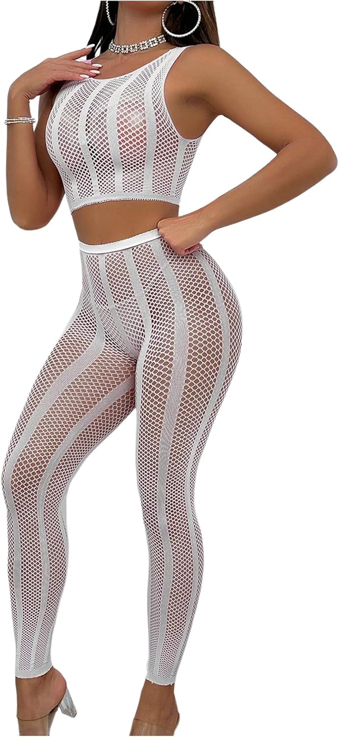 OYOANGLE Women's 2 Piece Lingerie Set Hollow Out Fishnet Crop Tank Top and Leggings Nightwear