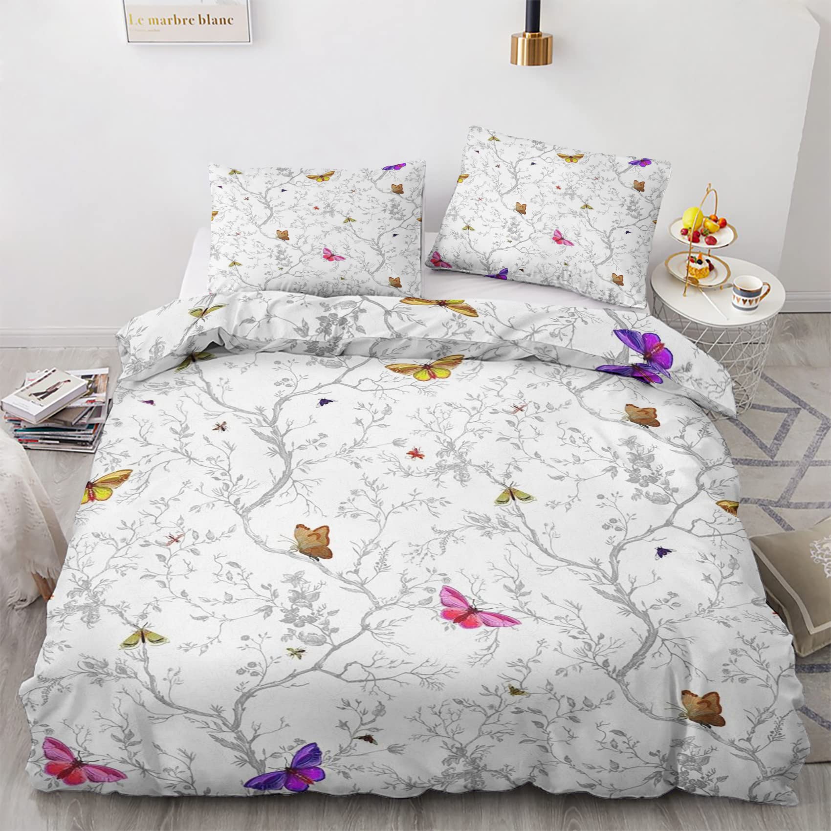 Nogawa Aoi10 Butterfly Emperor Size Duvet Cover Sets, Botanical Printed Bedding Set 3 Pcs, Ultra Soft Microfibre Quilt Cover & 2 Pillowcases With Zipper Closure 290 X 235
