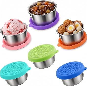 6 Pcs Small Food Storage Containers with Silicone Lids, 50ml Stainless Steel Salad Dressing Containers Reusable Round Snack Storage Jars for Lunch Boxes Sauce Pots Picnics Travel Meal Prep