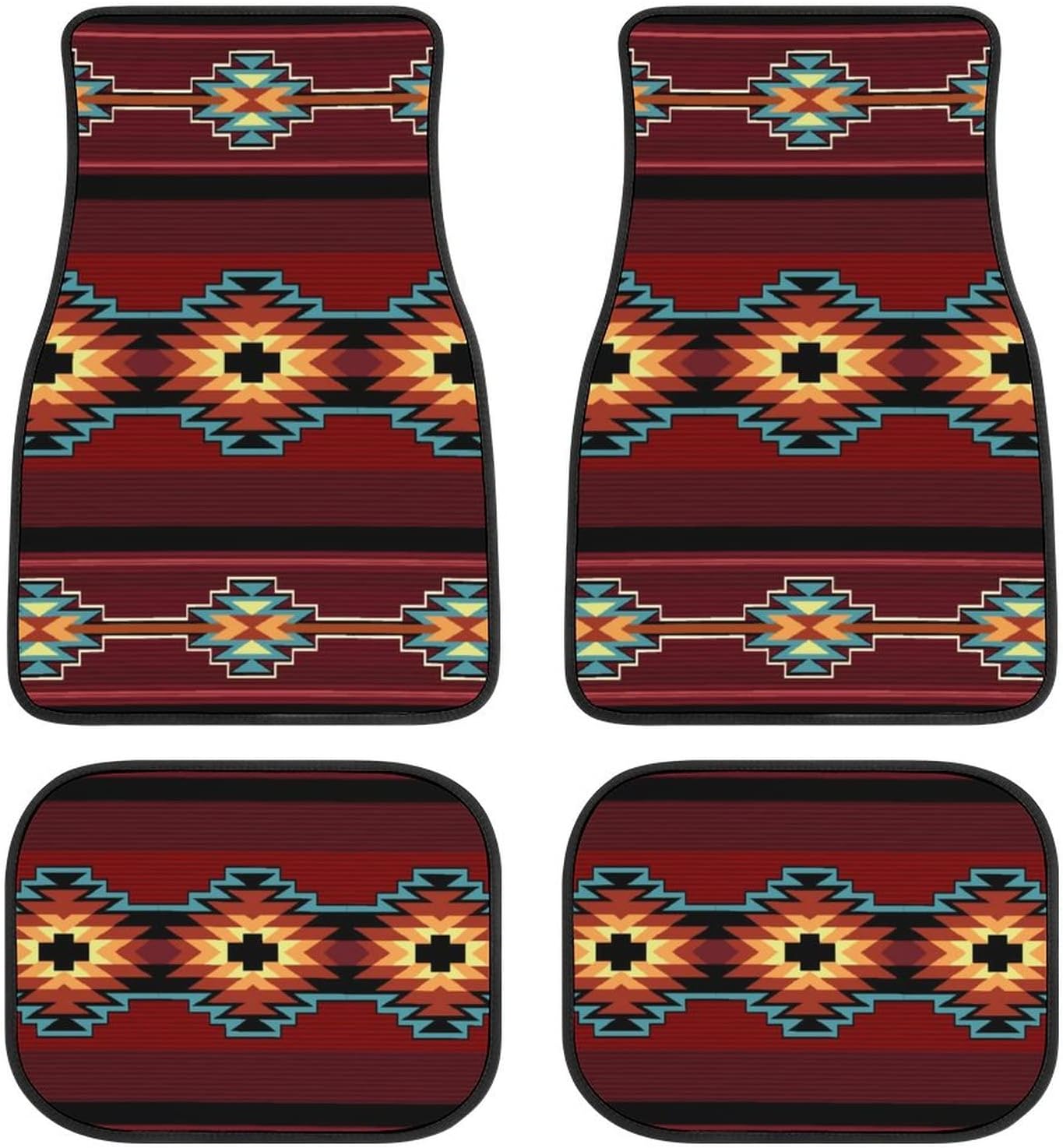 Universal Car Floor Mats Set of 4,Rustic Brown Beige Teal Western Country Cowboy Tooled Leather Vehicle Front Rear Carpets Non-Slip Rugs Auto Accessories Fit for SUV Van Truck
