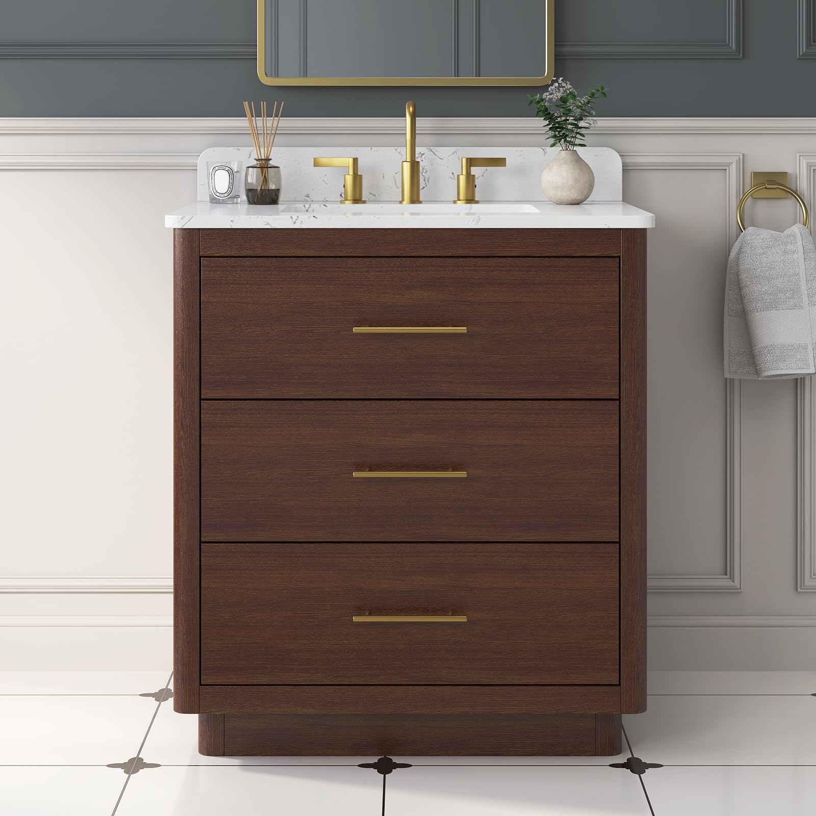 DELUXE LIVING 30 inch warm elm bathroom vanity with marble top