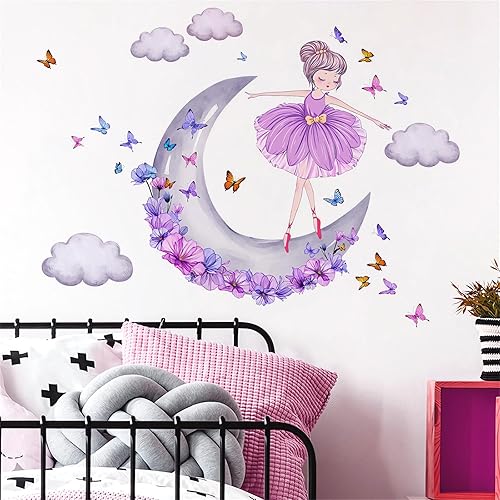 Miniatura 3 de Preciosas calcomanías de pared de mariposa de niña de luna morada y nubes, calcomanías de pared de arte de sacinora Art removibles para guardería