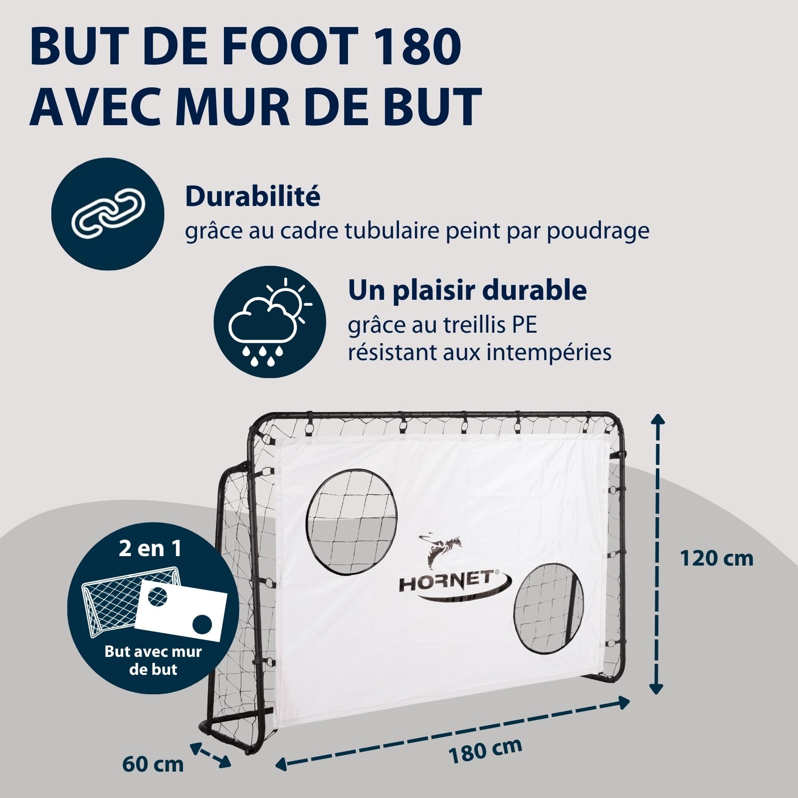 HUDORA But de football Hornet 180 avec mur de but - Extérieur, filet amovible, trous de tir renforcés, résistant aux intempéries