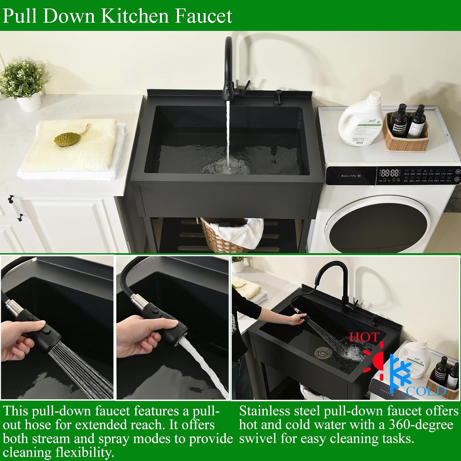 Black Stainless Steel Utility Sink,30.7"x22"x35" Freestanding Laundry Utility Sink with Faucet 16 Gauge Heavy Duty Utility Sink Single Bowl Commercial Kitchen Sinks for Laundry Garage Outdoor