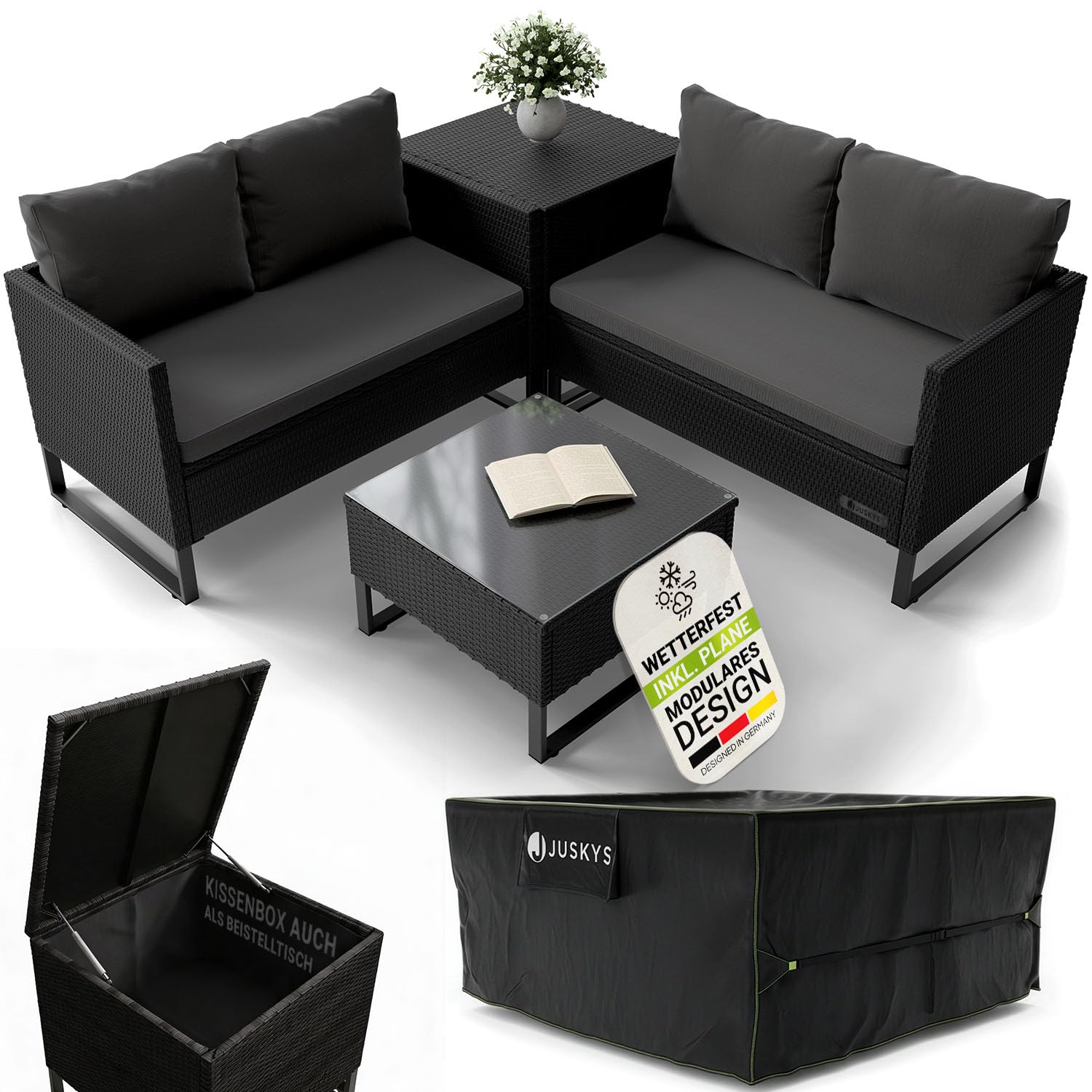 Juskys® Outdoor Polyrattan Lounge Santorini inkl. Abdeckung - Gartenlounge mit Beistelltisch & Auflagenbox - Gartenmöbel Set Rattan Sitzecke wetterfest - Schwarz