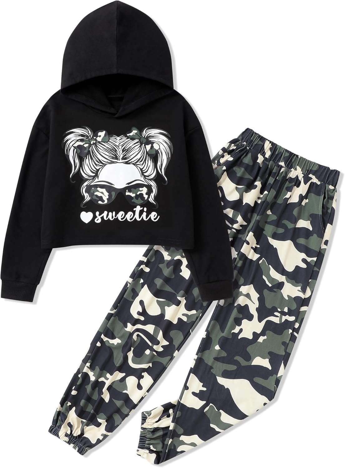 Girls Clothes Cool Girl Print Hoodie Pullover Sweatshirt and Camouflage Pants with Pockets Girls’ Clothing Sets