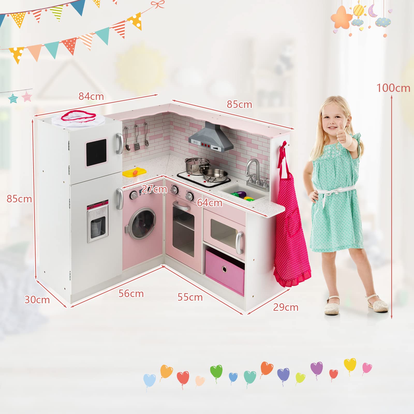 COSTWAY Cocina de Juguete de Madera para Niños, Juguete de Cocina con Delantal, Gorro de Cocinero, Accesorios para Ollas, Fabricador de Hielo, Sonidos y Luces Animadas, Cocina Infantil (Rosa)