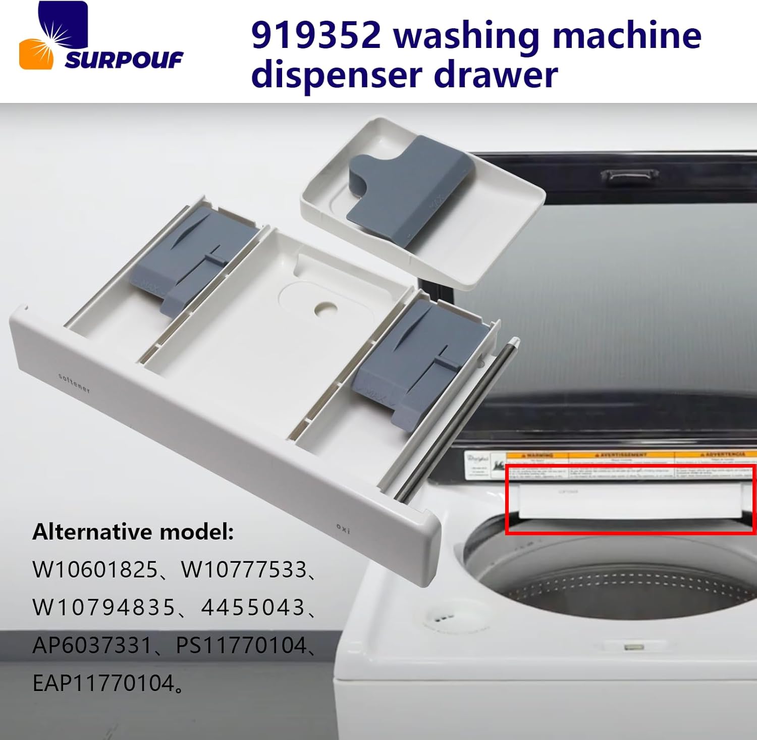 W10919352 Washing Machine Dispenser Drawer Replacement Compatible with Whirlpool Maytag 4455043 AP6037331 PS11770104 W10777533 W10794835
