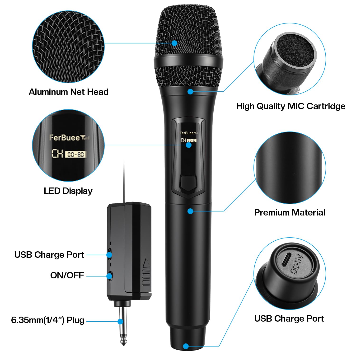 Microphone sans Fil Micro à Main Double avec Récepteur Rechargeable, Sortie 1/4”, 1/8" pour Amplificateur, Système de Sonorisation, Karaoké, Église, Réunion (Noir & Gris)