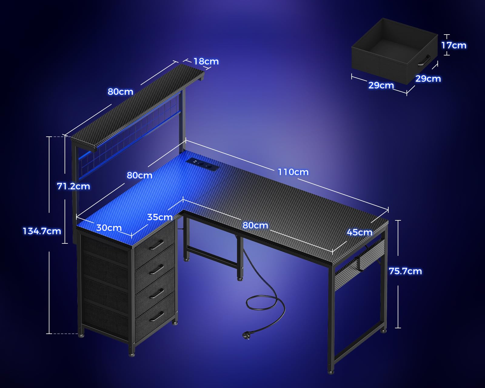 Coleshome Bureau Gaming avec LED, 110 x 80 cm Réversible Table Gaming avec Tiroirs et Prises de Courant, Bureau d'angle avec Compartiment de Rangement (Noir Carbone)
