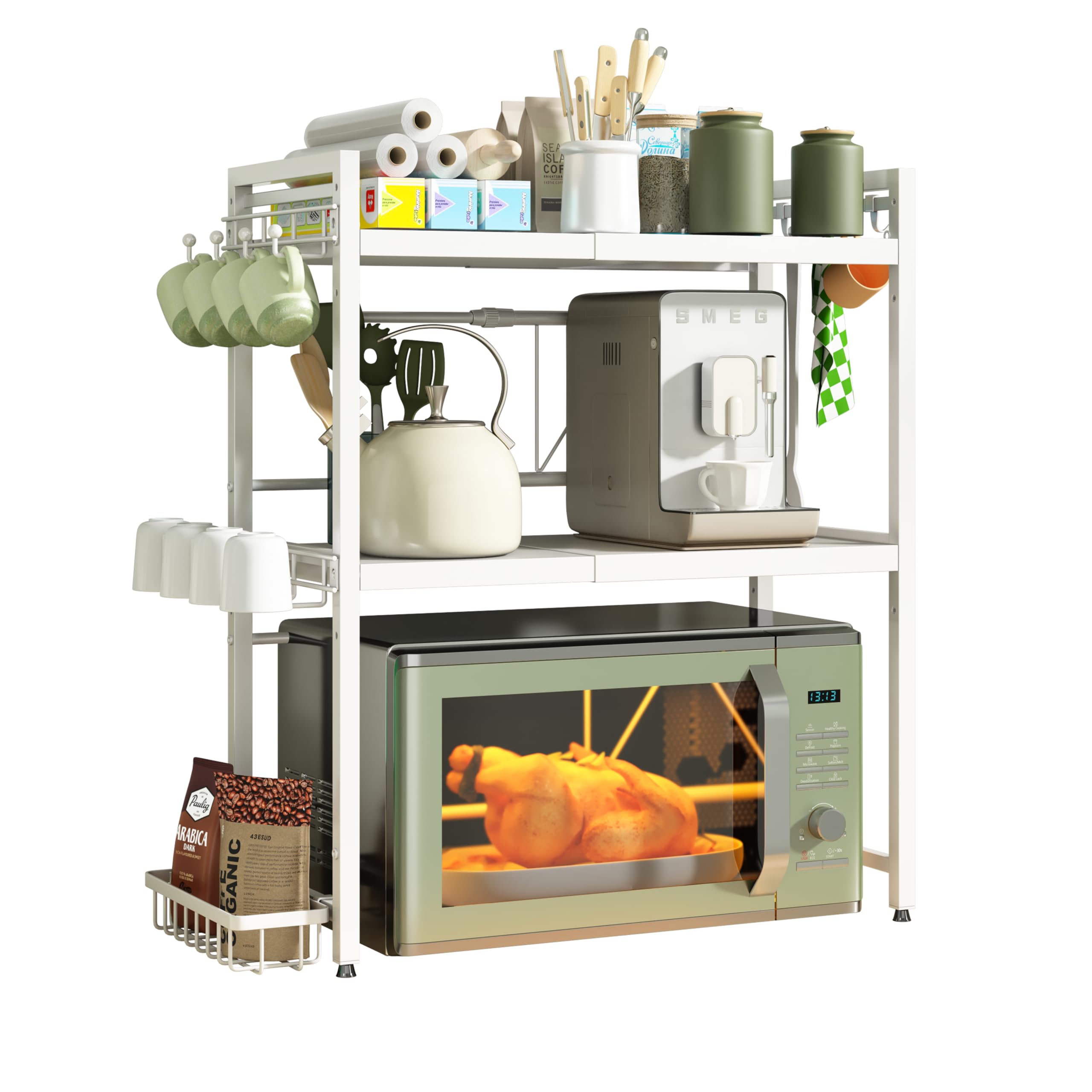 NETEL Expandable Microwave Shelf, 3-Tier Microwave Stand with Spice Basket, Coffee Station Organizer with Large 8 Hooks, Mug Holder, Bakers Rack with Small 8 Plastic Hooks, white — image 1