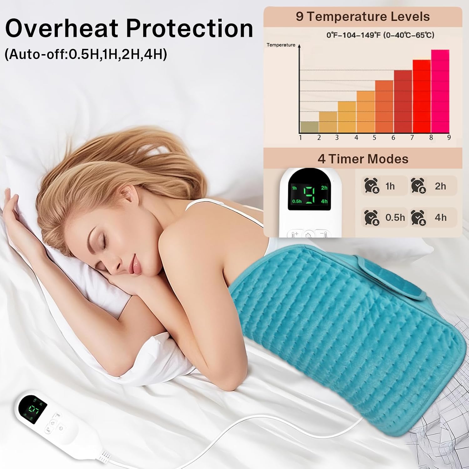 Large Heating Pads for Back Pain/Period Cramps, 4 Timer(Max 4H)/9 Heat/10ft Long Cord/ 16 * 24" Heat Pad+27" Belt Wearable(51" in Total) Electric Wrap Around Heating Pad Birthday Christmas Gift(Blue)
