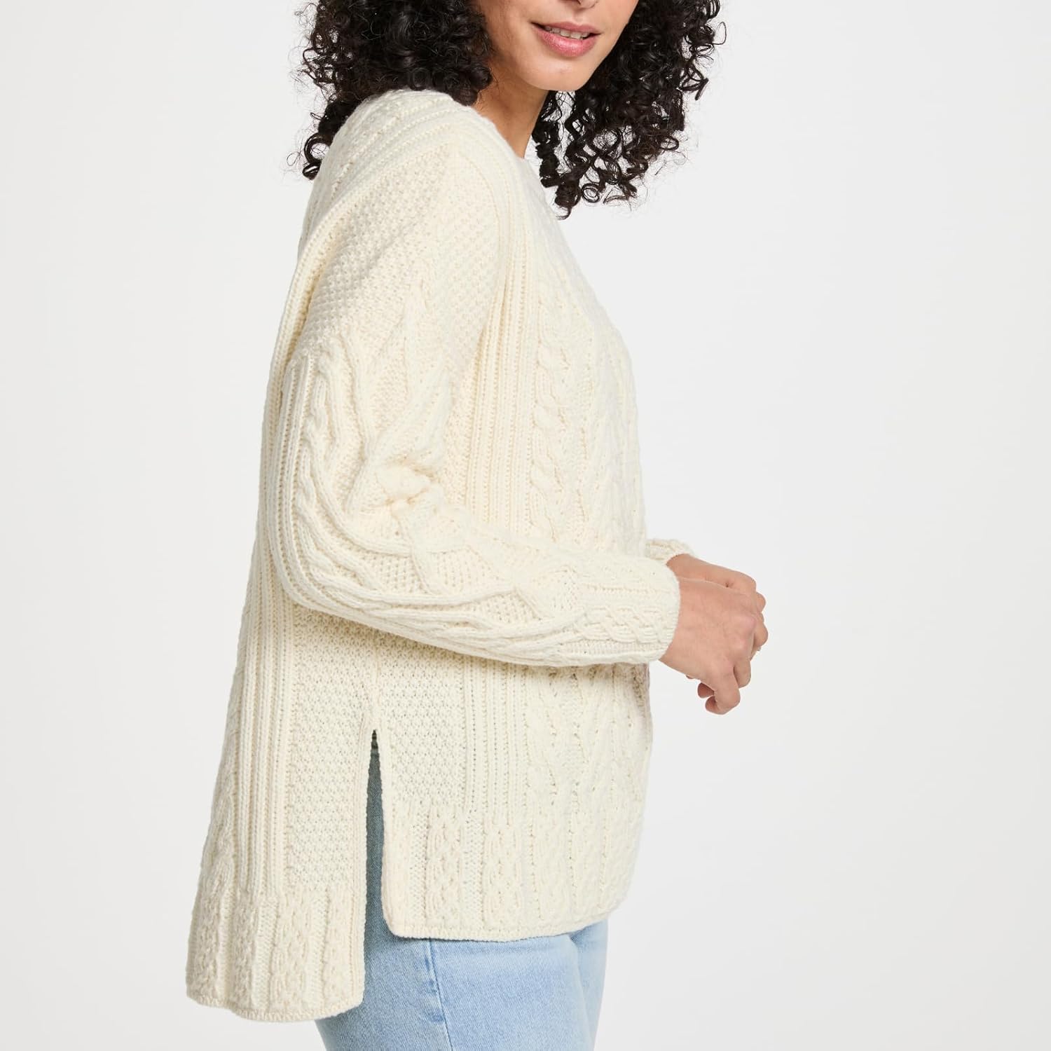 Aran Woollen Mills Womens Irish Cable Knit Aran Sweater. Tully Box Crew Neck Pullover, Supersoft Merino Wool, Made in Ireland